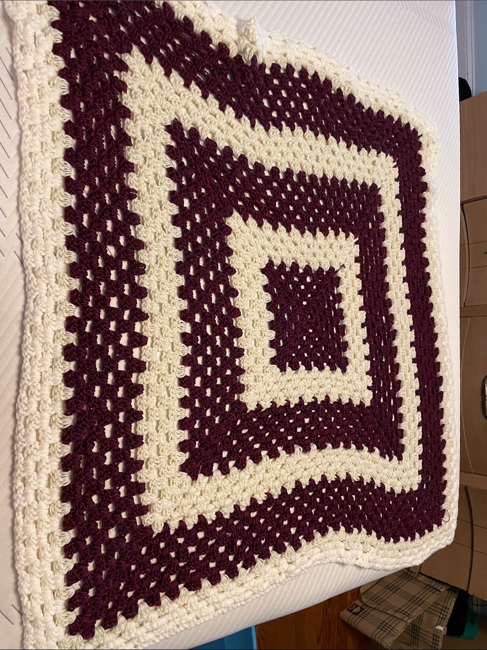 38” handmade crochet granny square afghan blanket burgundy cream